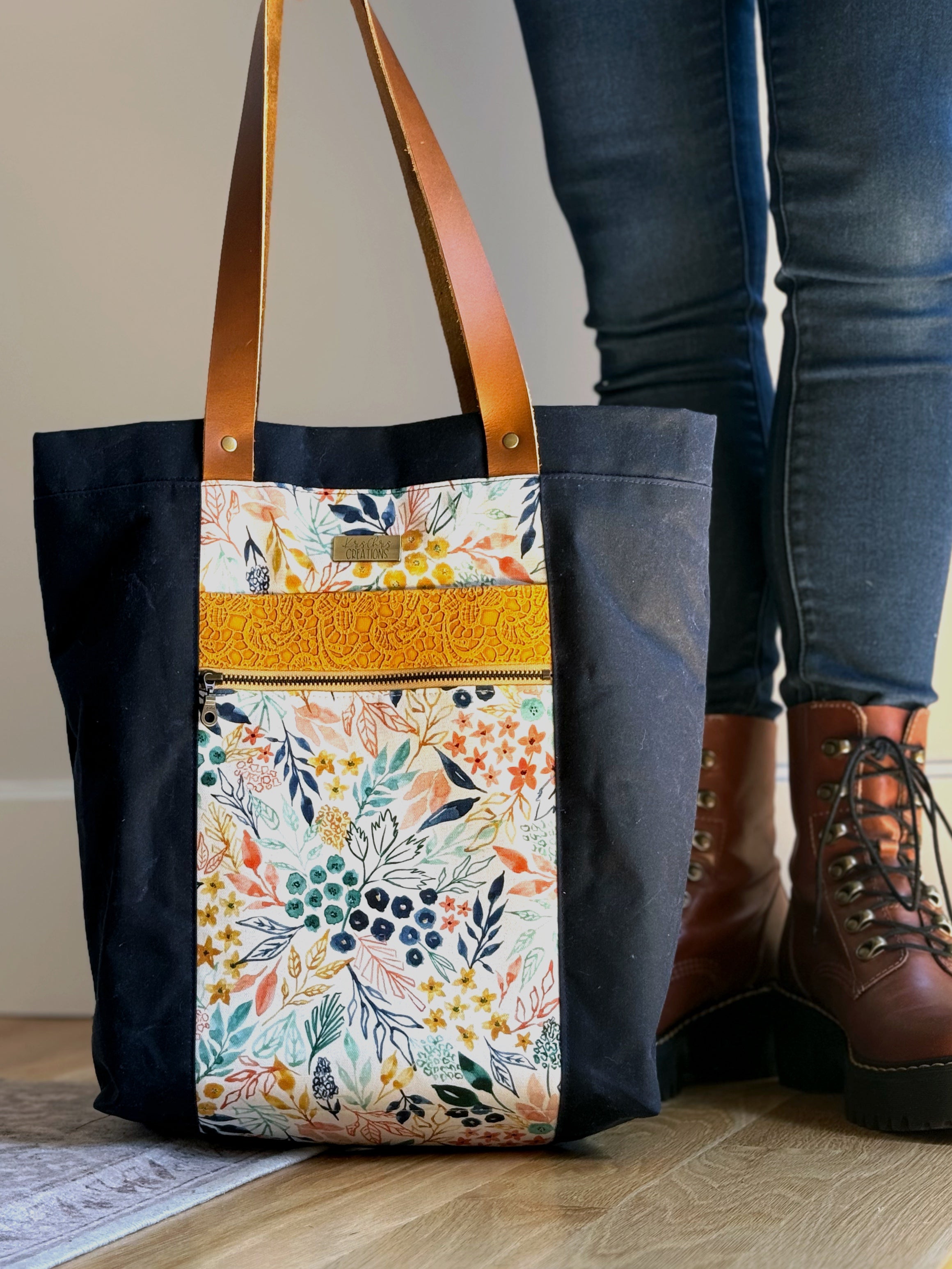 The Kristen - Project Tote Bag in Navy Waxed Canvas and Colorful Floral Fabric - KrisChris 