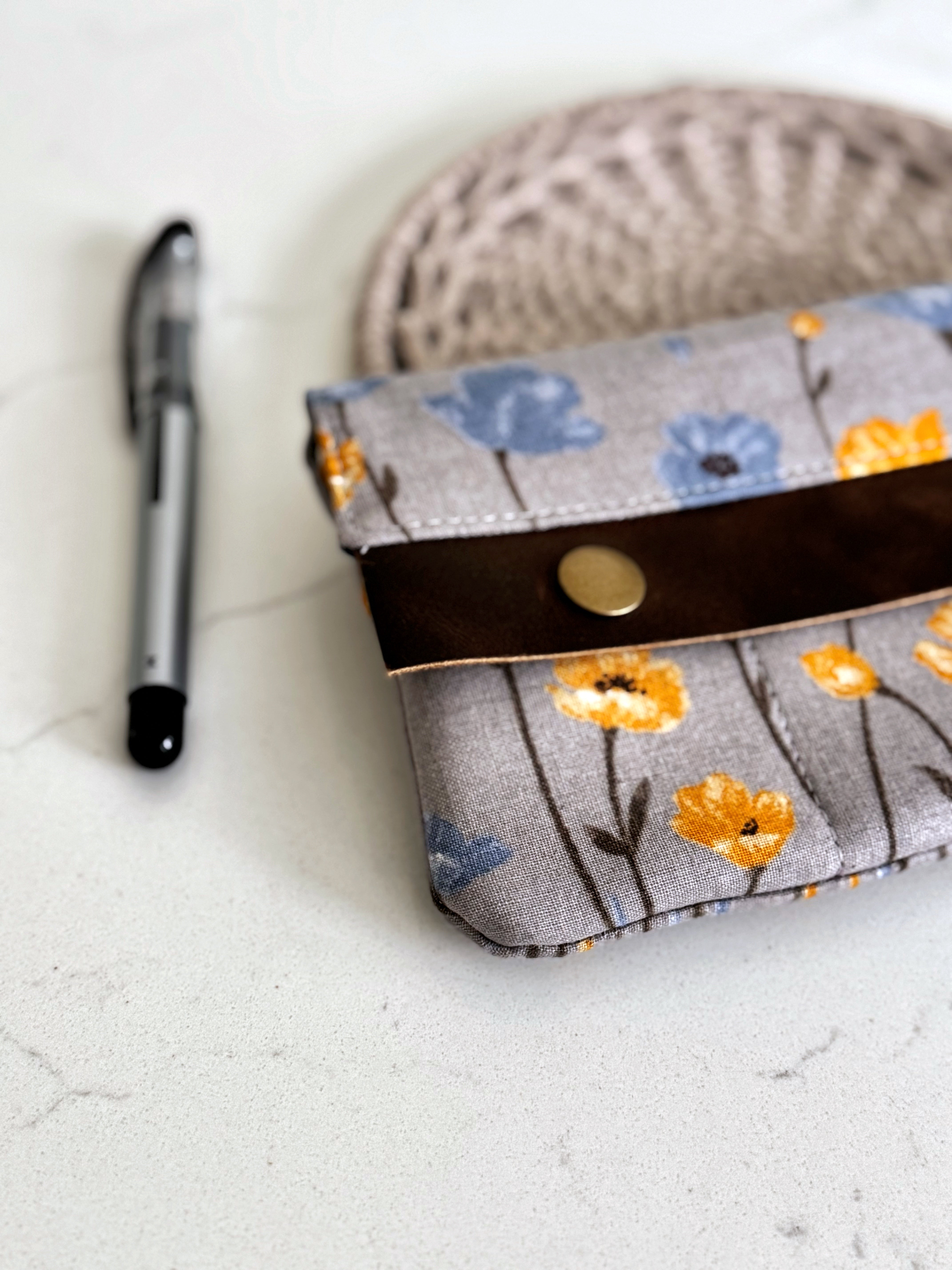 The Janet - Full Size Wallet in Grey Japanese Linen with Cheerful Yellow and Blue Poppies