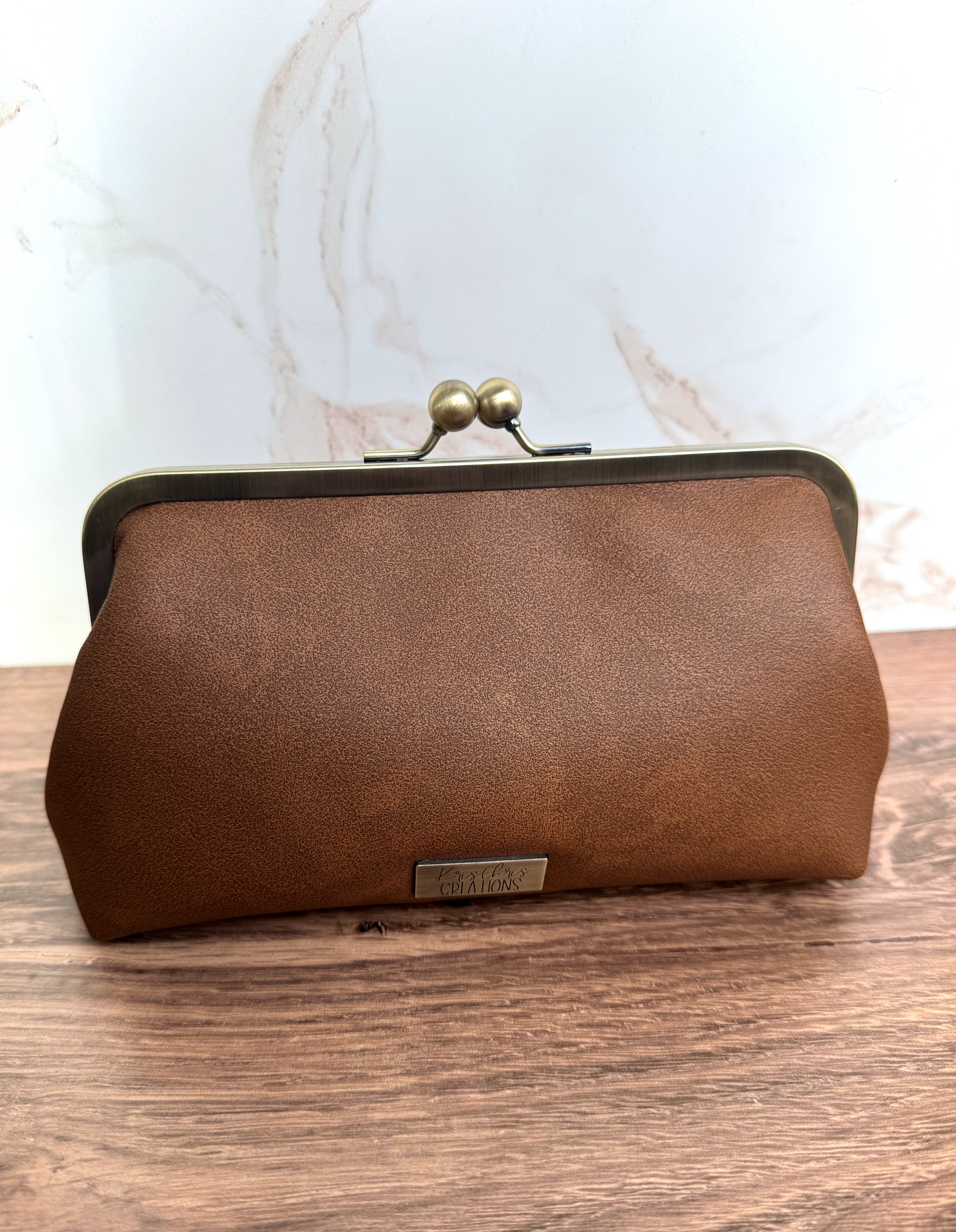 The Elise - Metal Frame Kisslock Clutch in Tan Vinyl (Vegan Leather) and Authentic Portuguese Lining