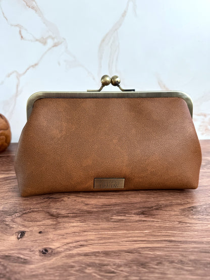 The Elise - Metal Frame Kisslock Clutch in Tan Vinyl (Vegan Leather) and Authentic Portuguese Lining