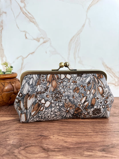 The Elise - Metal Frame Kisslock Clutch in Japanese Illustrated Florals and Waxed Canvas Lining