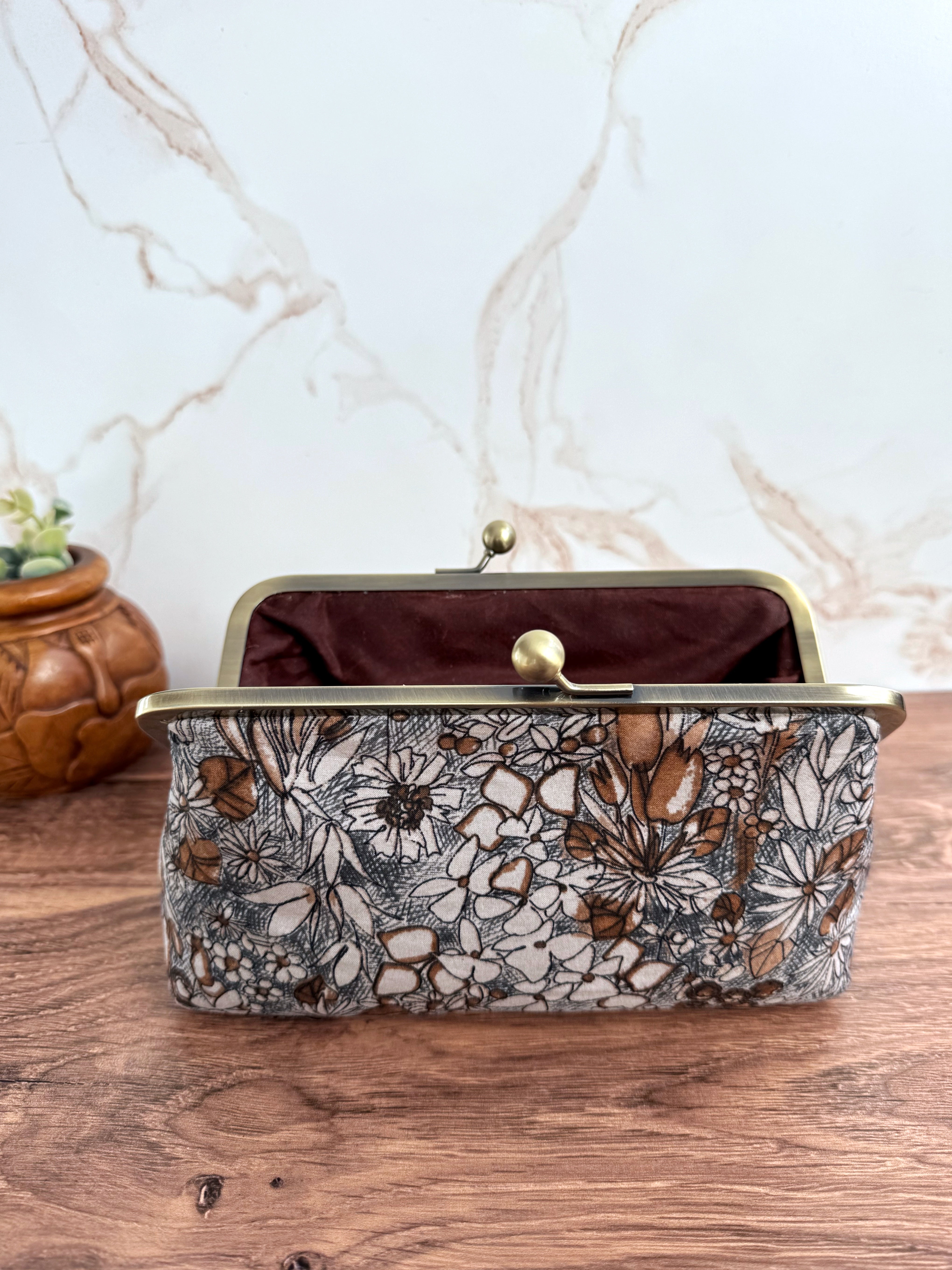 The Elise - Metal Frame Kisslock Clutch in Japanese Illustrated Florals and Waxed Canvas Lining