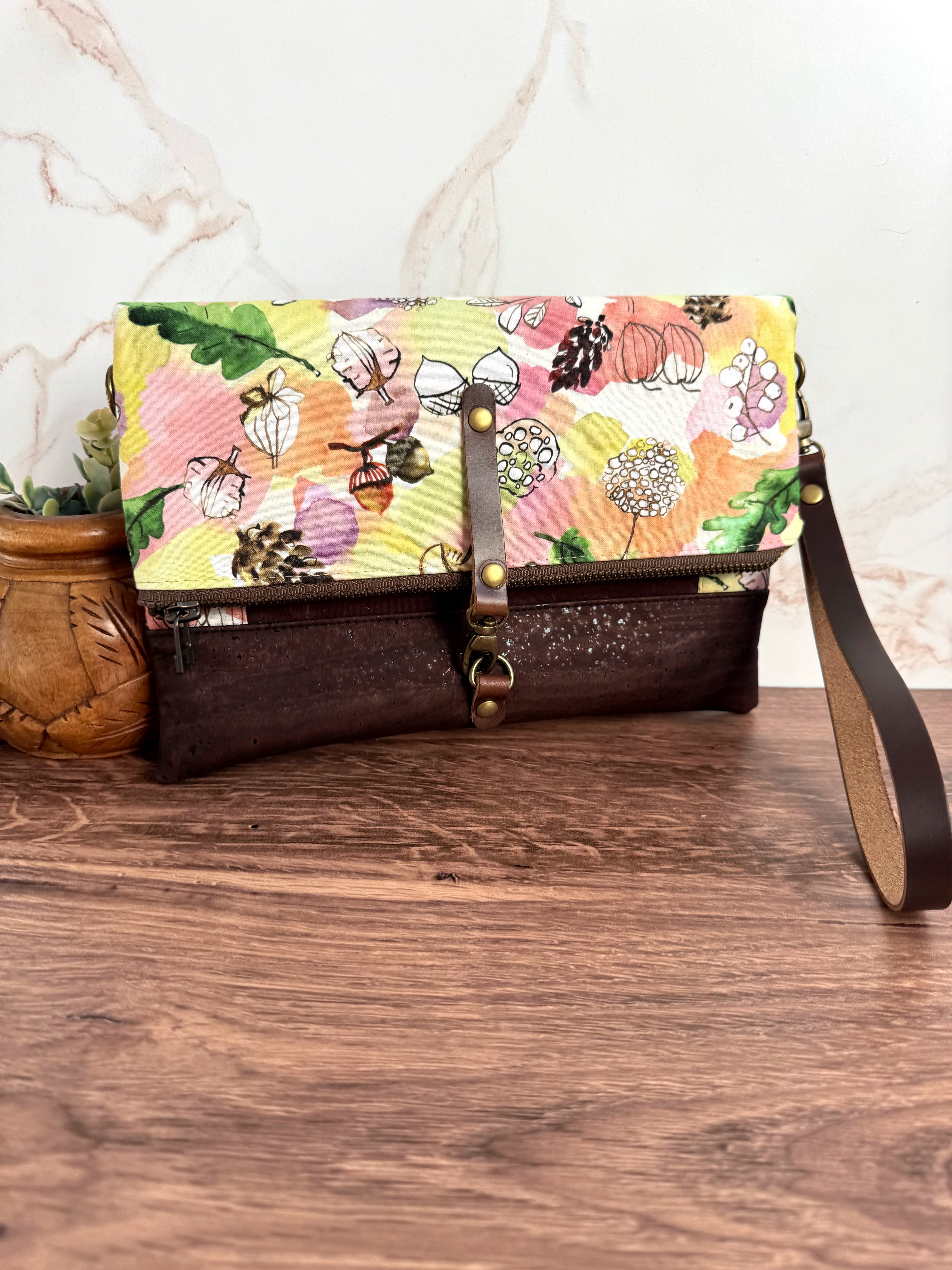 The Cindy - Clutch Wallet in Brown Cork and Whimsical Watercolor Florals