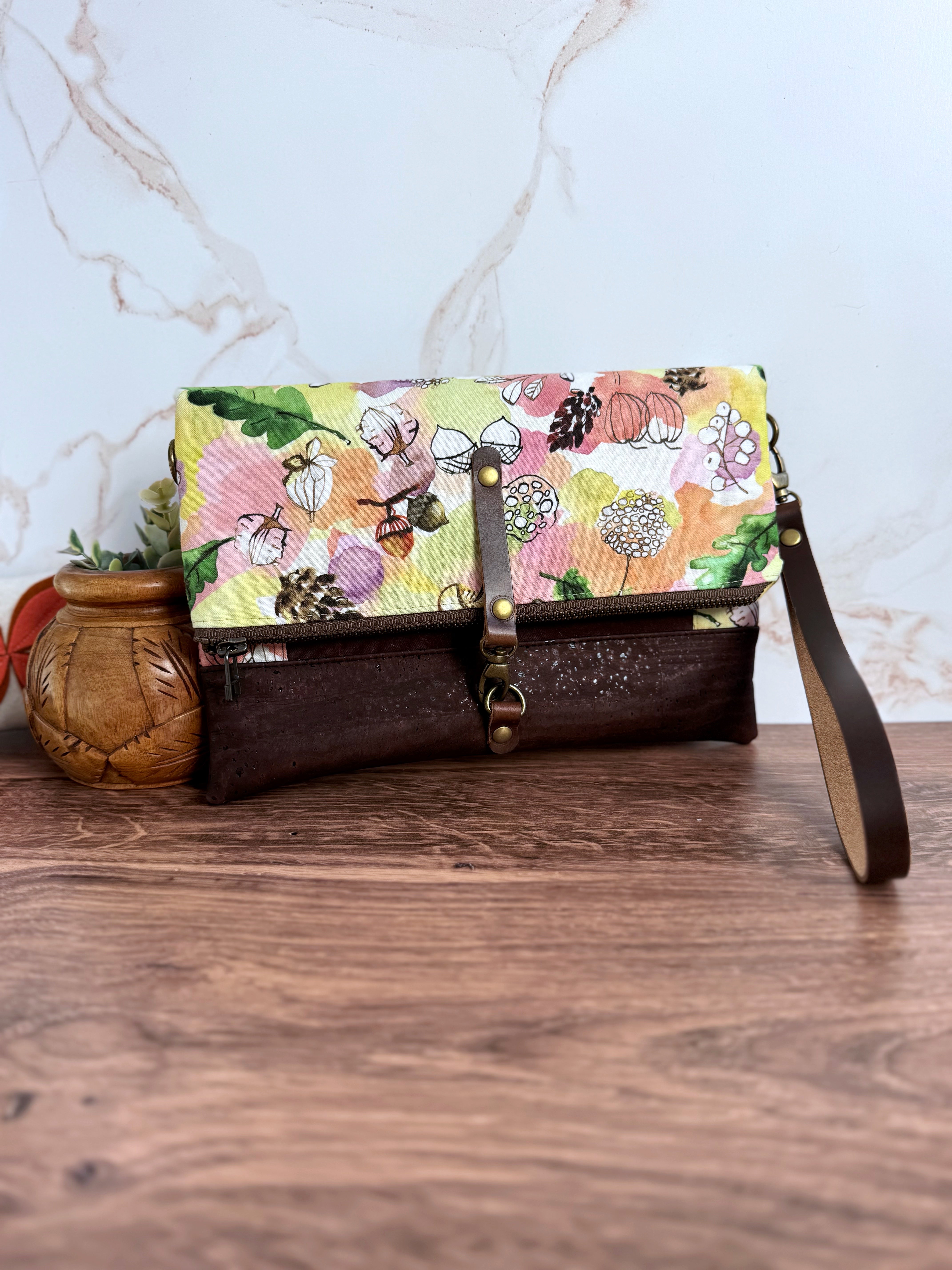 The Cindy - Clutch Wallet in Brown Cork and Whimsical Watercolor Florals