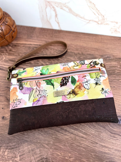 The Cindy - Clutch Wallet in Brown Cork and Whimsical Watercolor Florals