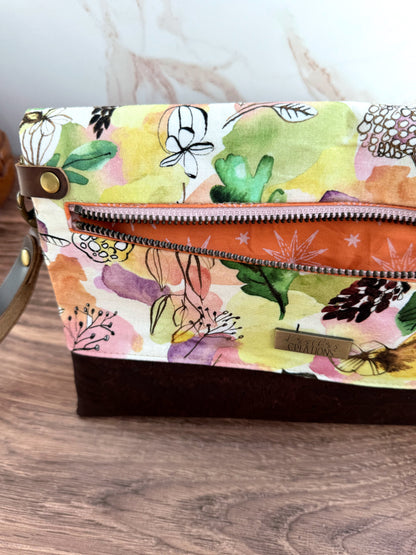 The Cindy - Clutch Wallet in Brown Cork and Whimsical Watercolor Florals