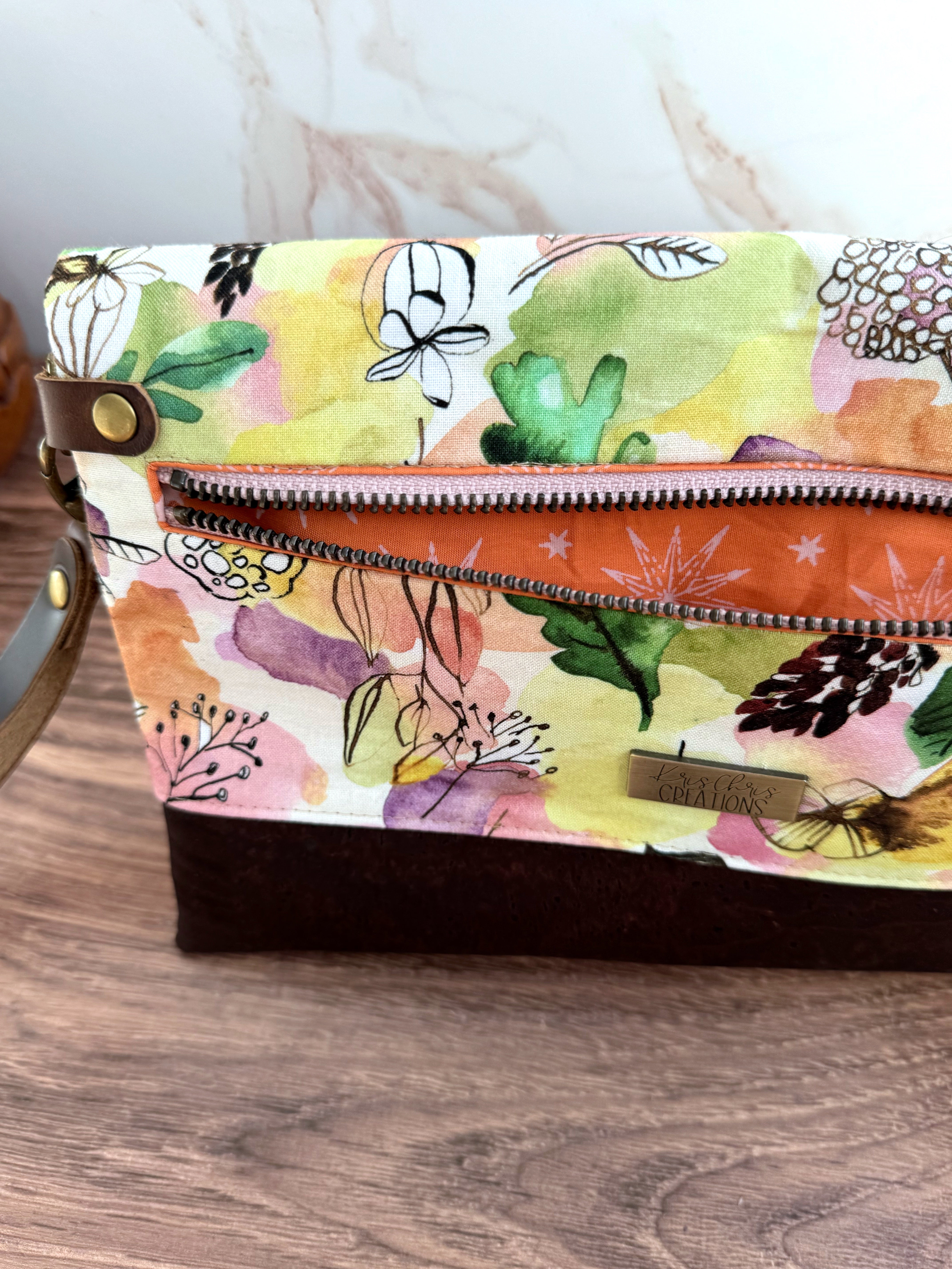 The Cindy - Clutch Wallet in Brown Cork and Whimsical Watercolor Florals