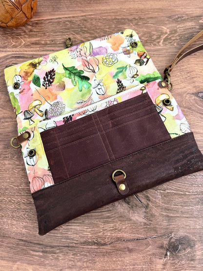 The Cindy - Clutch Wallet in Brown Cork and Whimsical Watercolor Florals