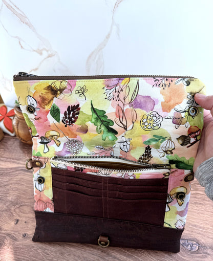 The Cindy - Clutch Wallet in Brown Cork and Whimsical Watercolor Florals