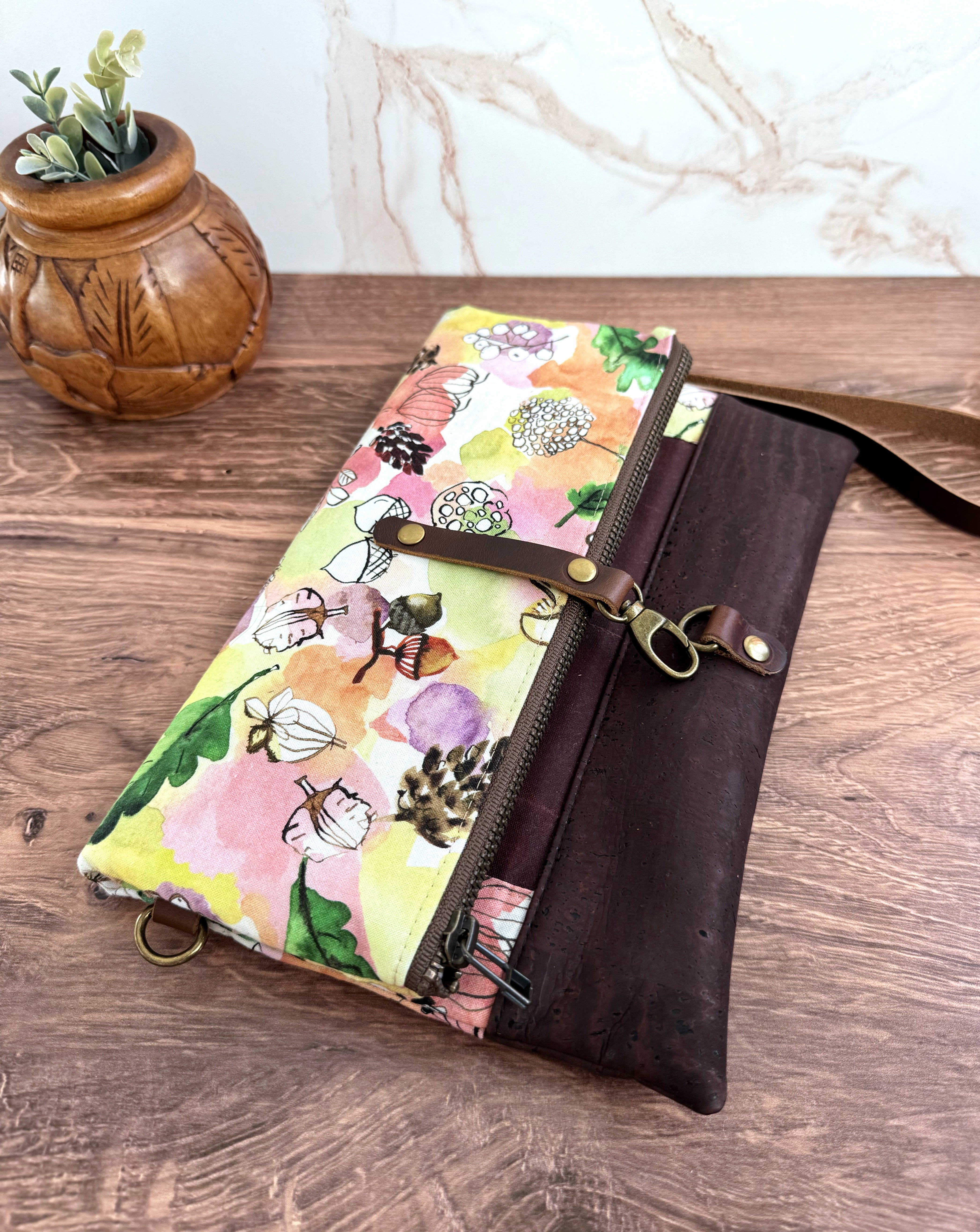 The Cindy - Clutch Wallet in Brown Cork and Whimsical Watercolor Florals