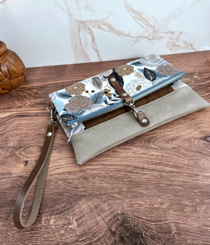 The Cindy - Collectable Clutch Wallet in Gray Vinyl & Stunning Rifle Paper Floral Canvas