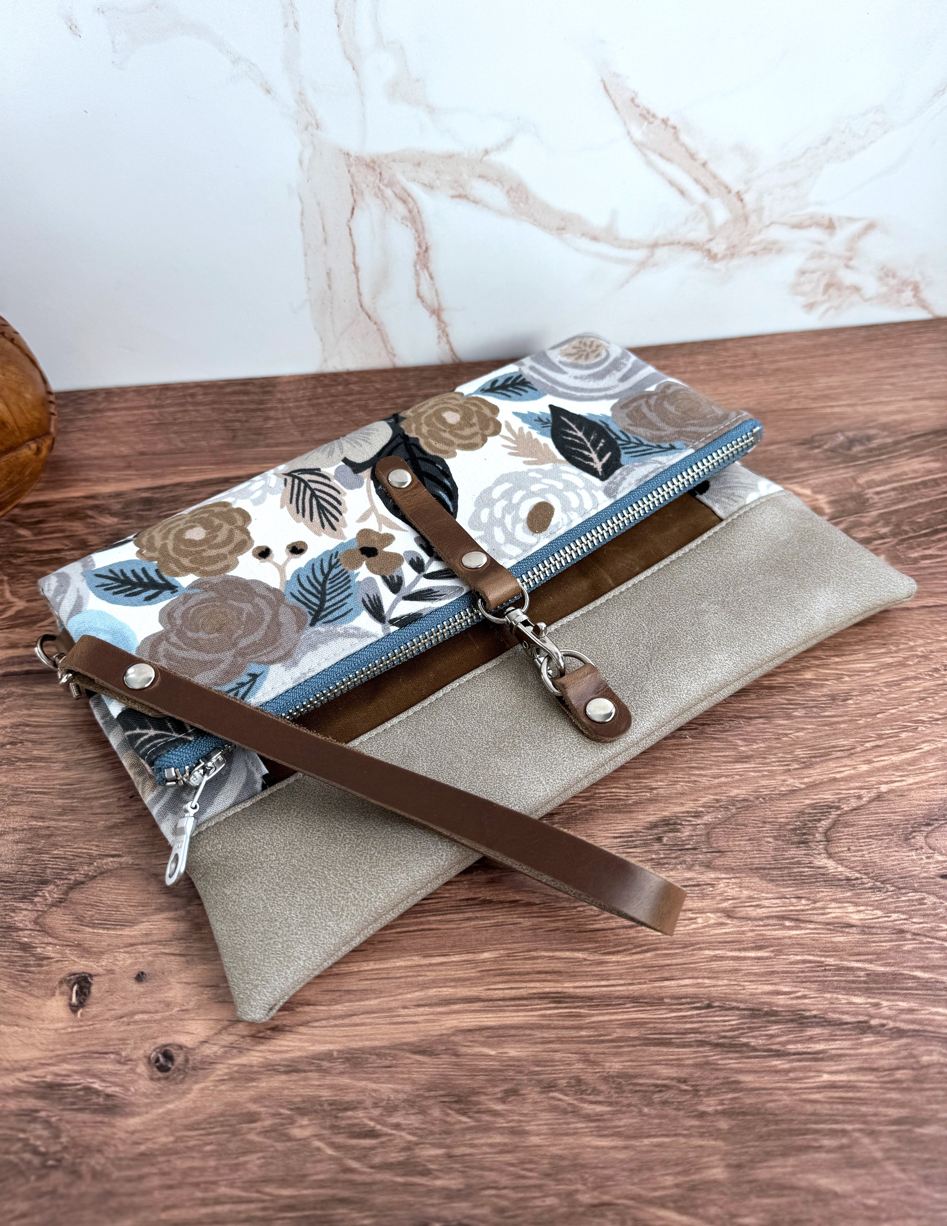 The Cindy - Collectable Clutch Wallet in Gray Vinyl & Stunning Rifle Paper Floral Canvas