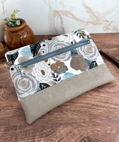 The Cindy - Collectable Clutch Wallet in Gray Vinyl & Stunning Rifle Paper Floral Canvas