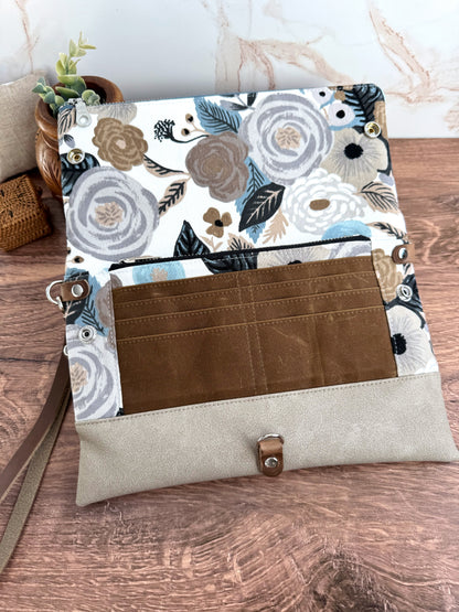 The Cindy - Collectable Clutch Wallet in Gray Vinyl & Stunning Rifle Paper Floral Canvas