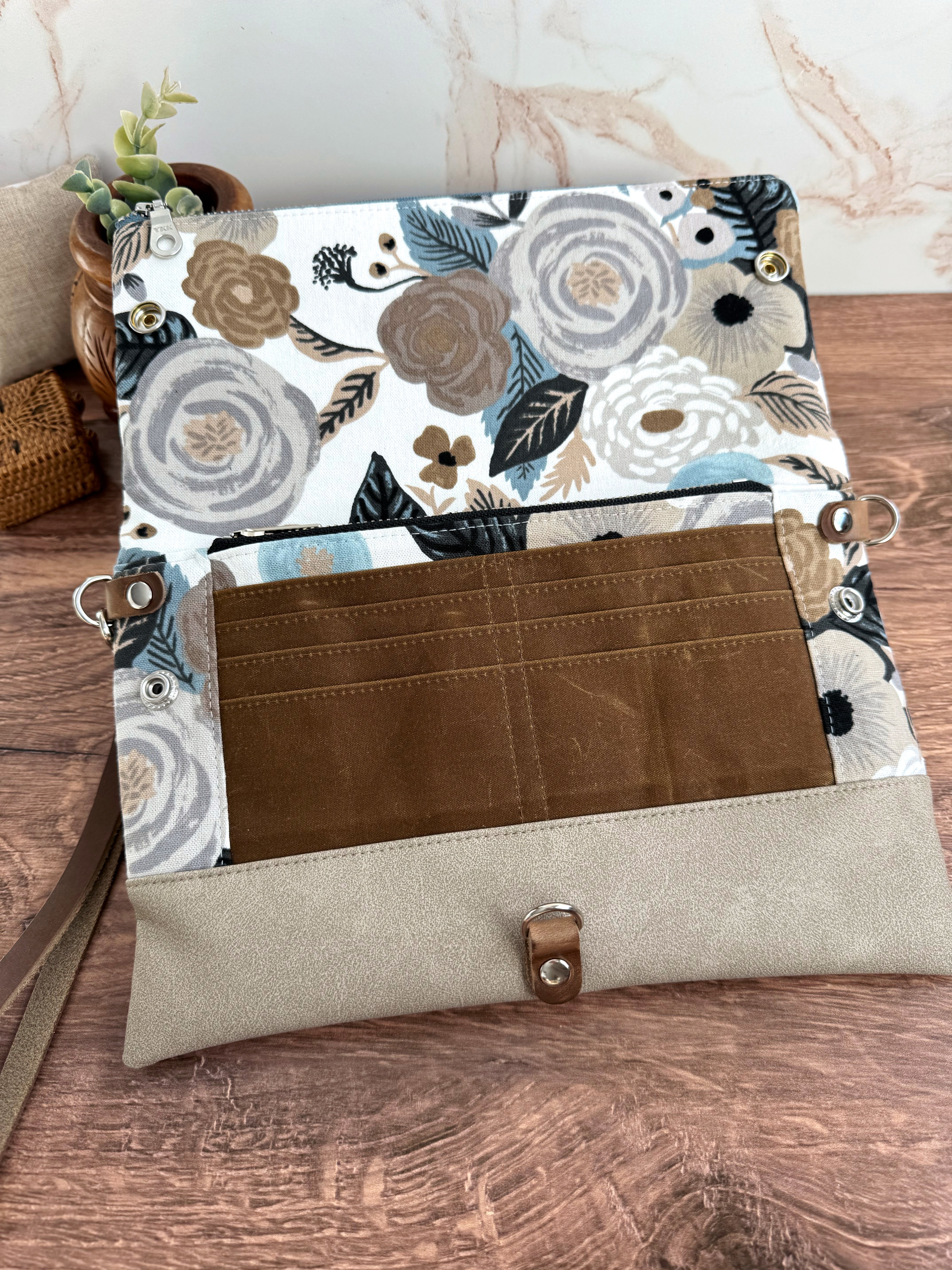 The Cindy - Collectable Clutch Wallet in Gray Vinyl & Stunning Rifle Paper Floral Canvas