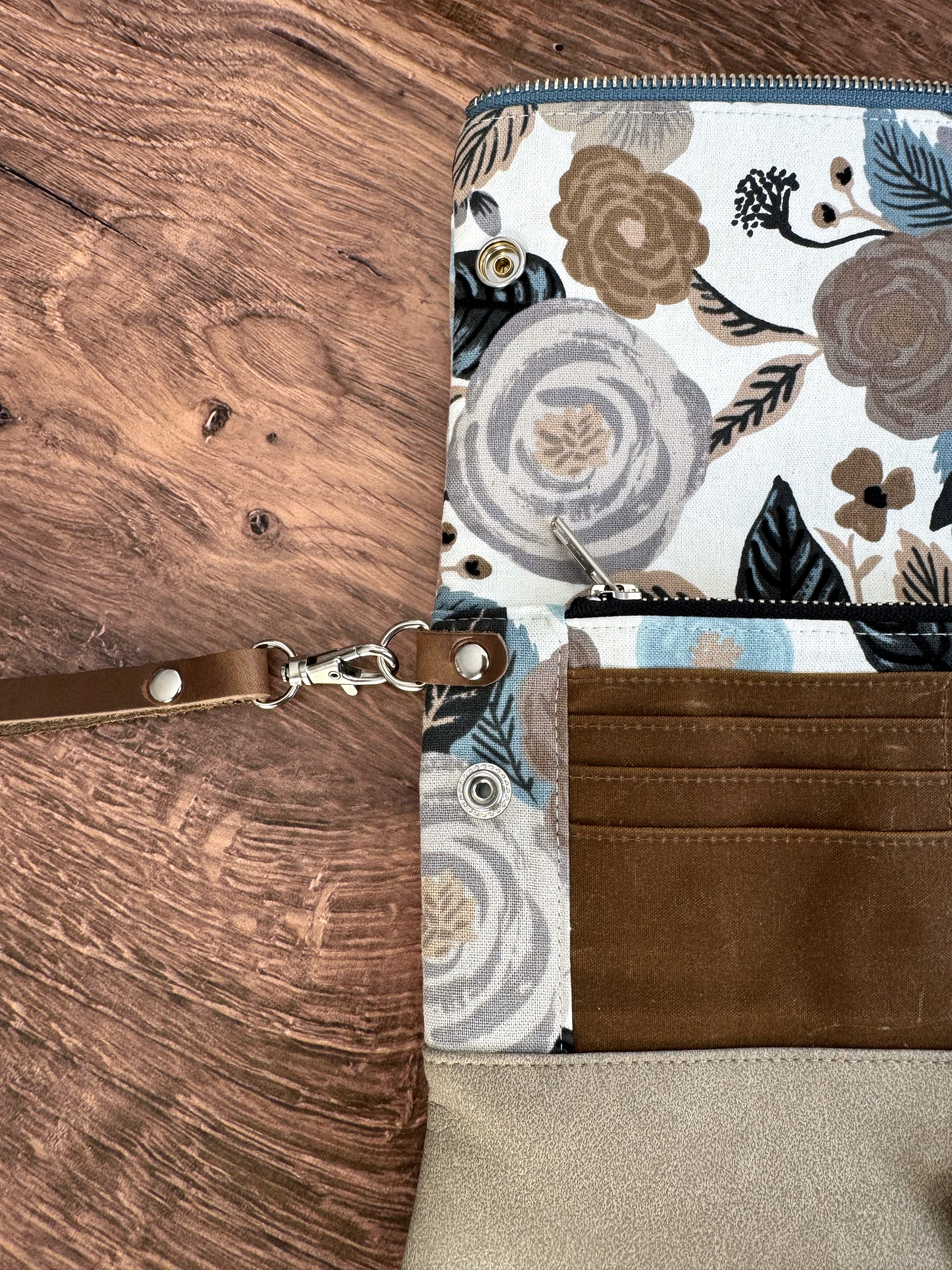 The Cindy - Collectable Clutch Wallet in Gray Vinyl & Stunning Rifle Paper Floral Canvas