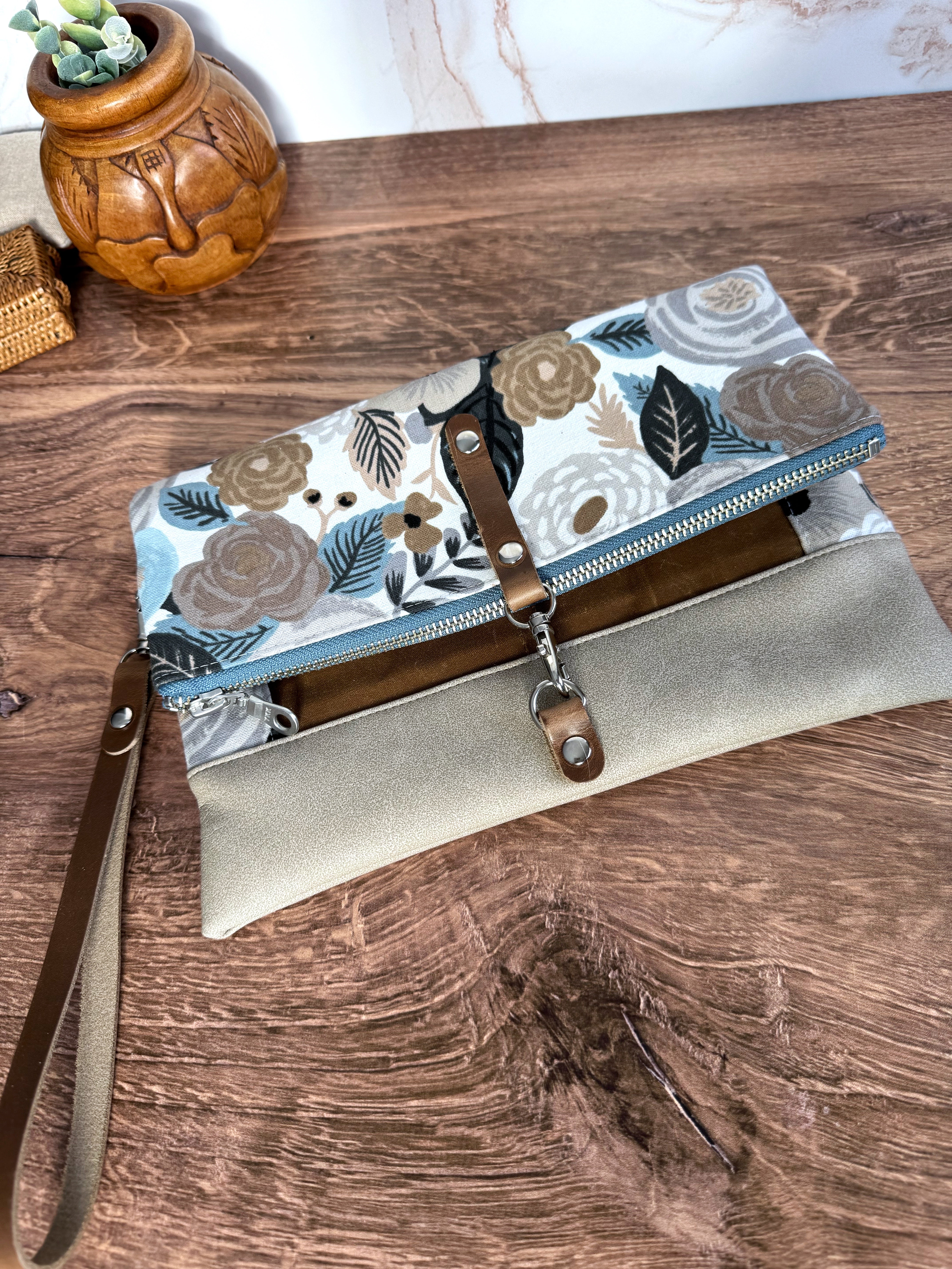 The Cindy - Collectable Clutch Wallet in Gray Vinyl & Stunning Rifle Paper Floral Canvas