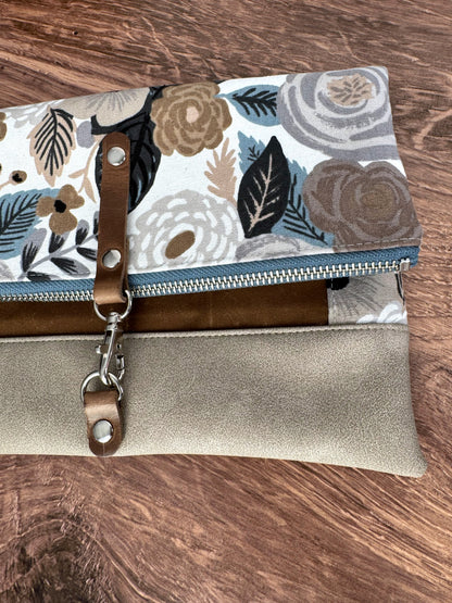 The Cindy - Collectable Clutch Wallet in Gray Vinyl & Stunning Rifle Paper Floral Canvas