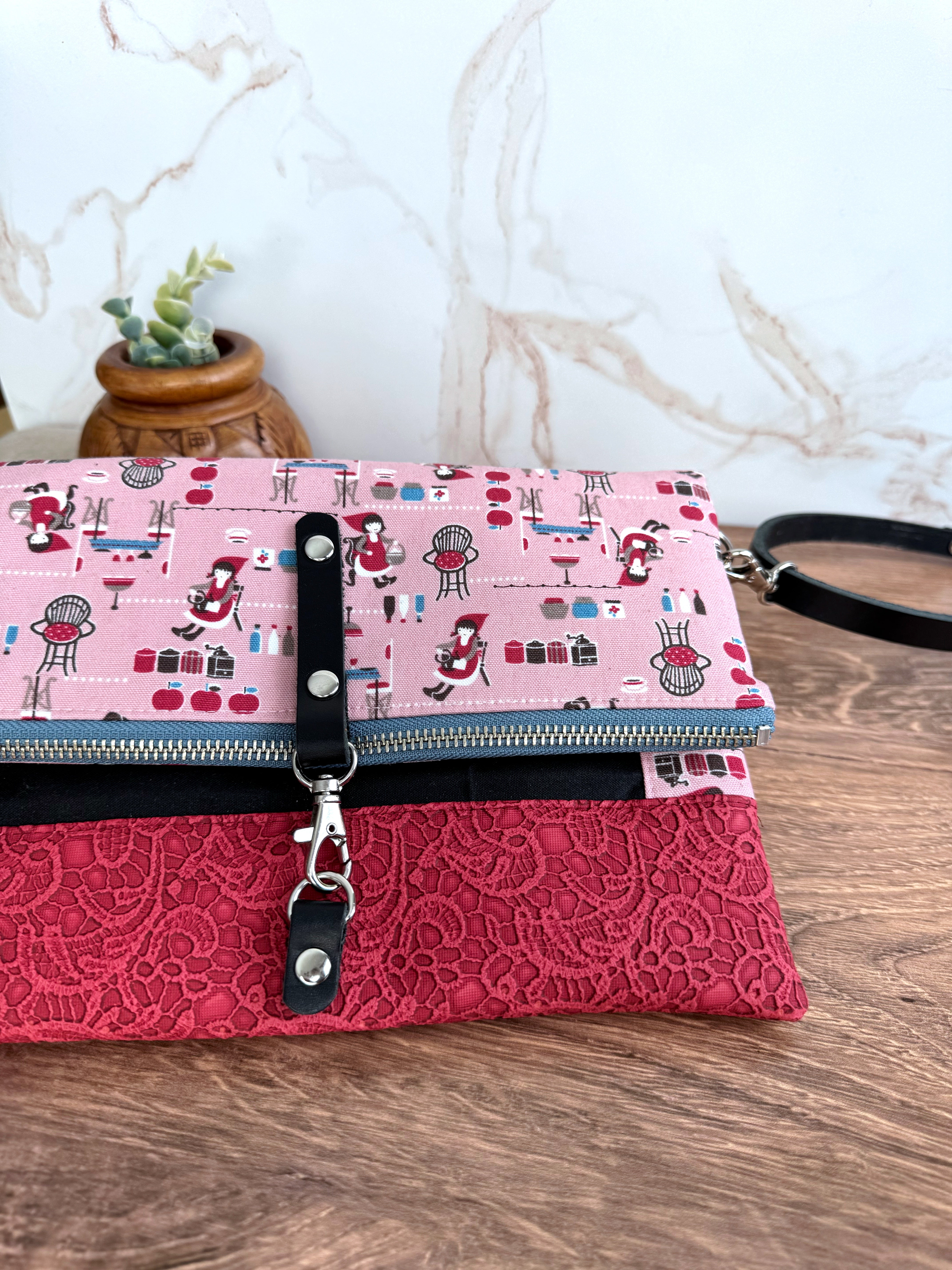 The Cindy - Collectable Clutch Wallet in Red Lace Vinyl and Adorable Baking Lady Canvas