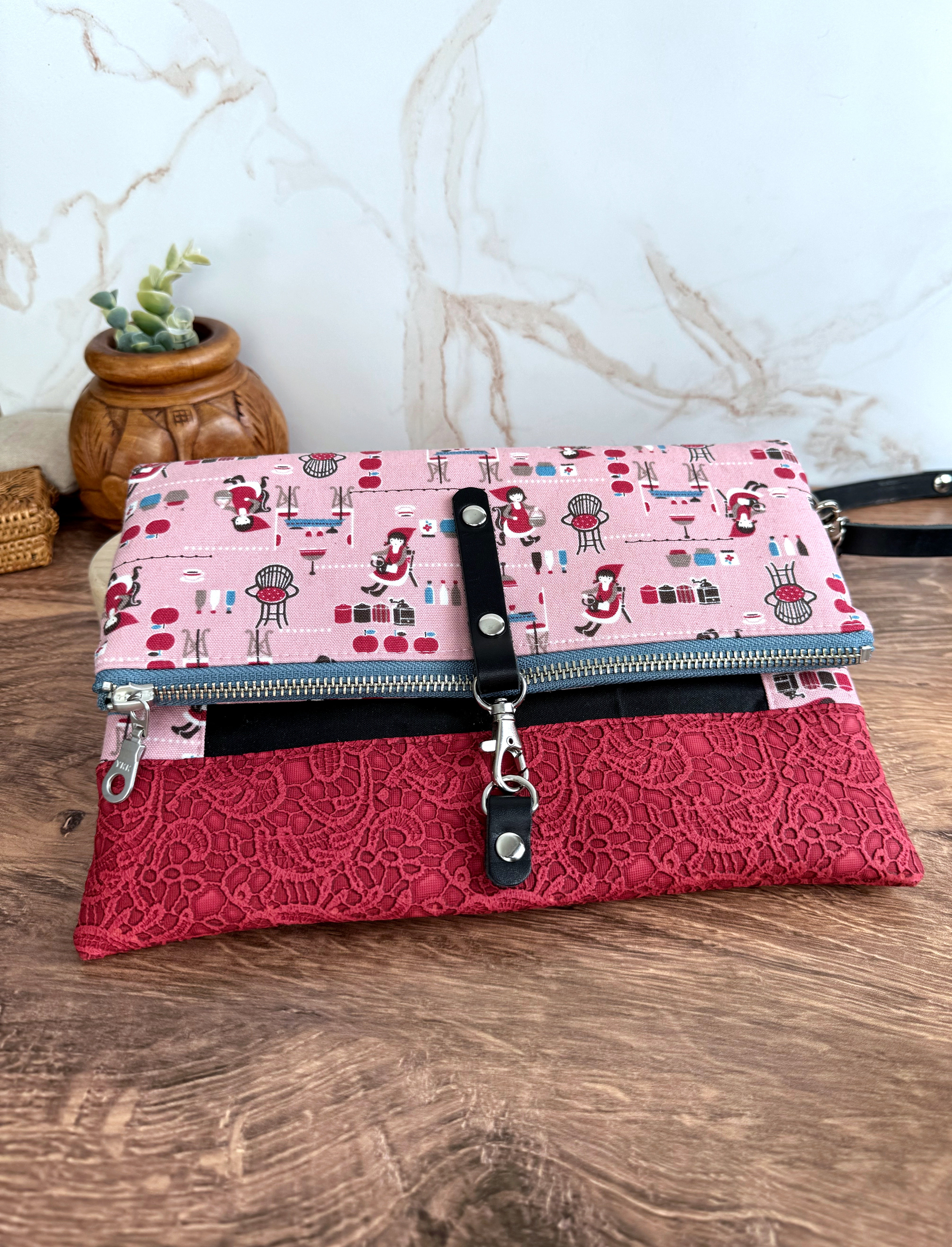 The Cindy - Collectable Clutch Wallet in Red Lace Vinyl and Adorable Baking Lady Canvas