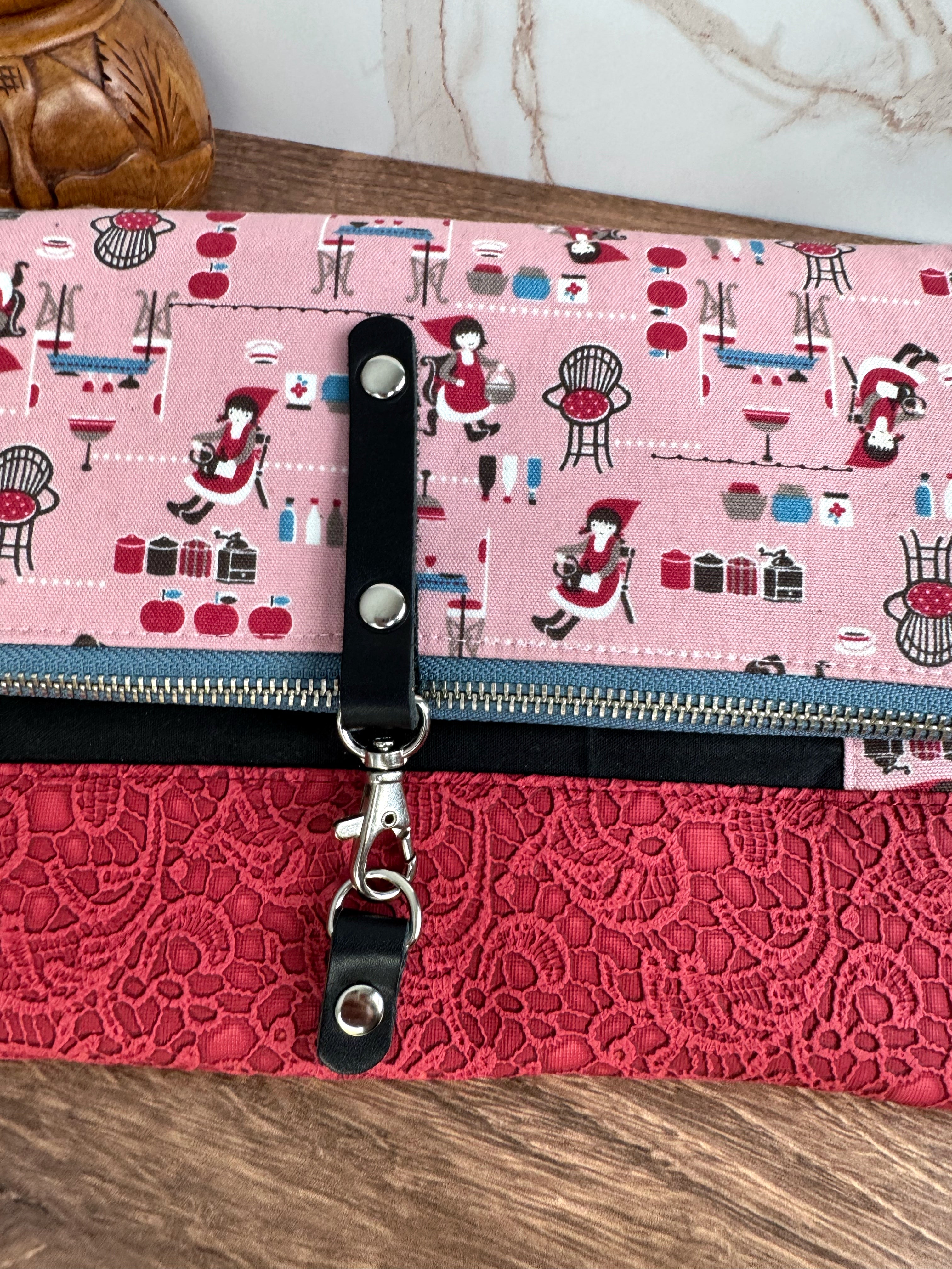 The Cindy - Collectable Clutch Wallet in Red Lace Vinyl and Adorable Baking Lady Canvas