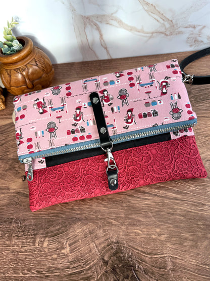 The Cindy - Collectable Clutch Wallet in Red Lace Vinyl and Adorable Baking Lady Canvas