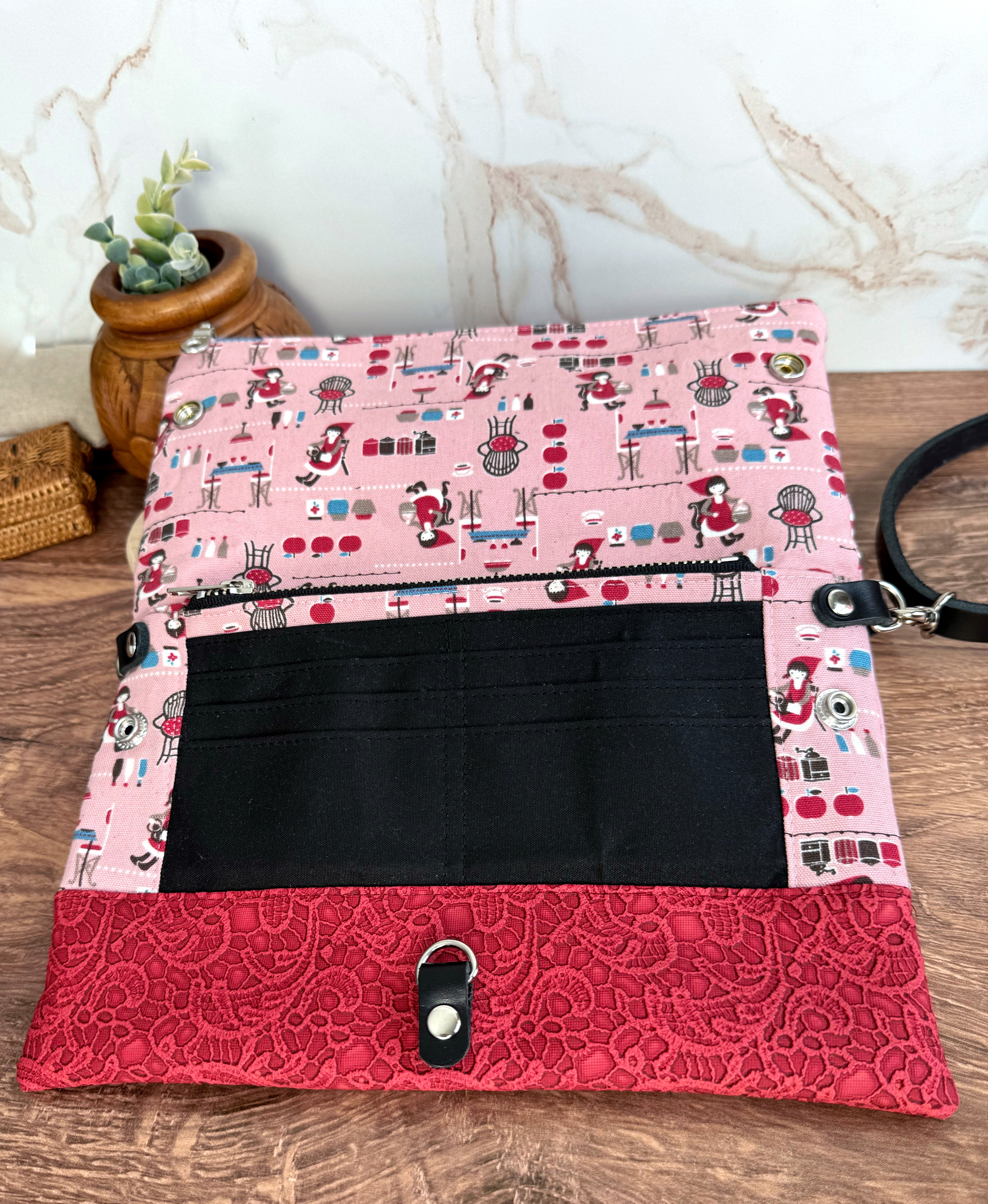 The Cindy - Collectable Clutch Wallet in Red Lace Vinyl and Adorable Baking Lady Canvas