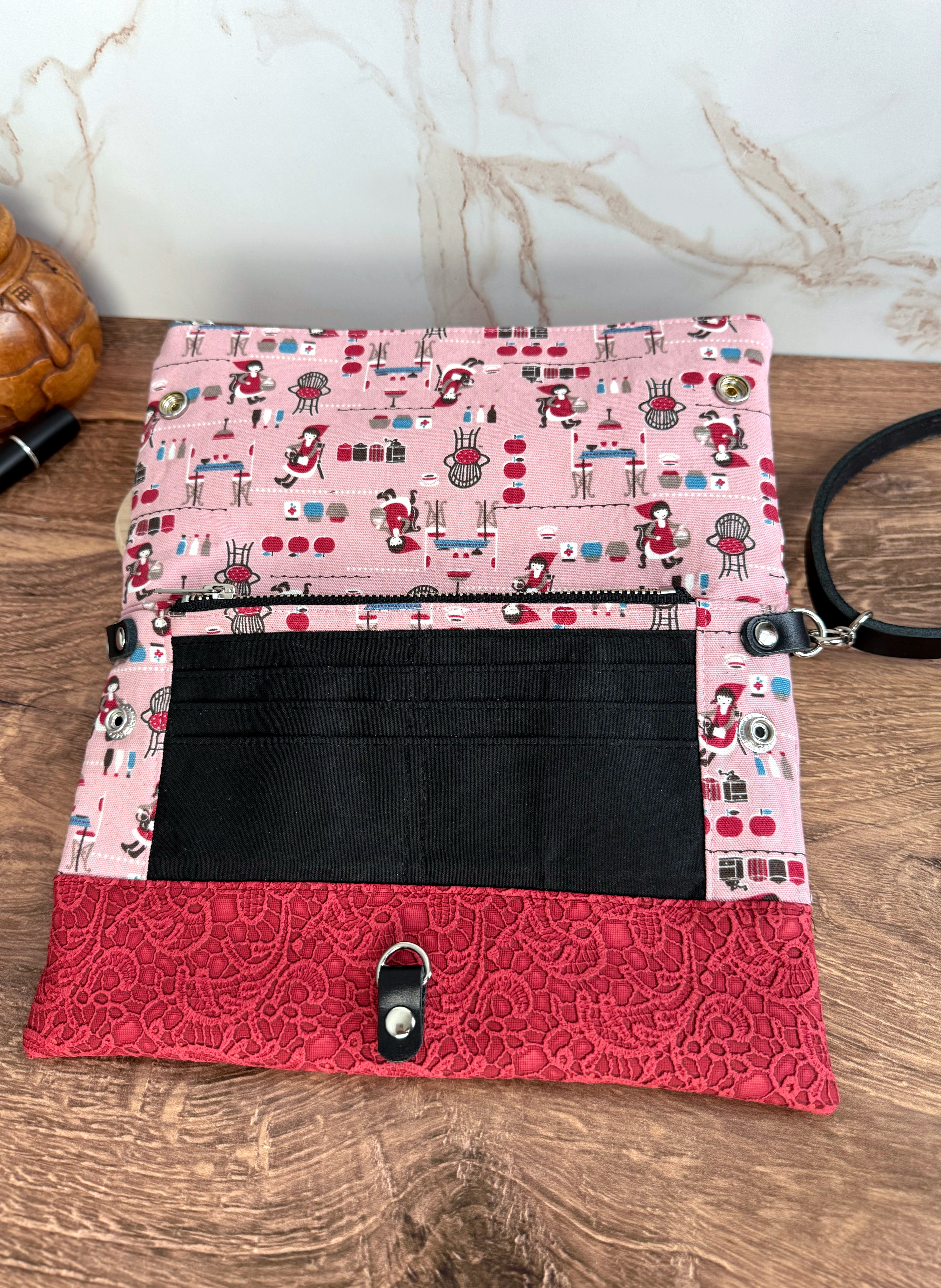 The Cindy - Collectable Clutch Wallet in Red Lace Vinyl and Adorable Baking Lady Canvas