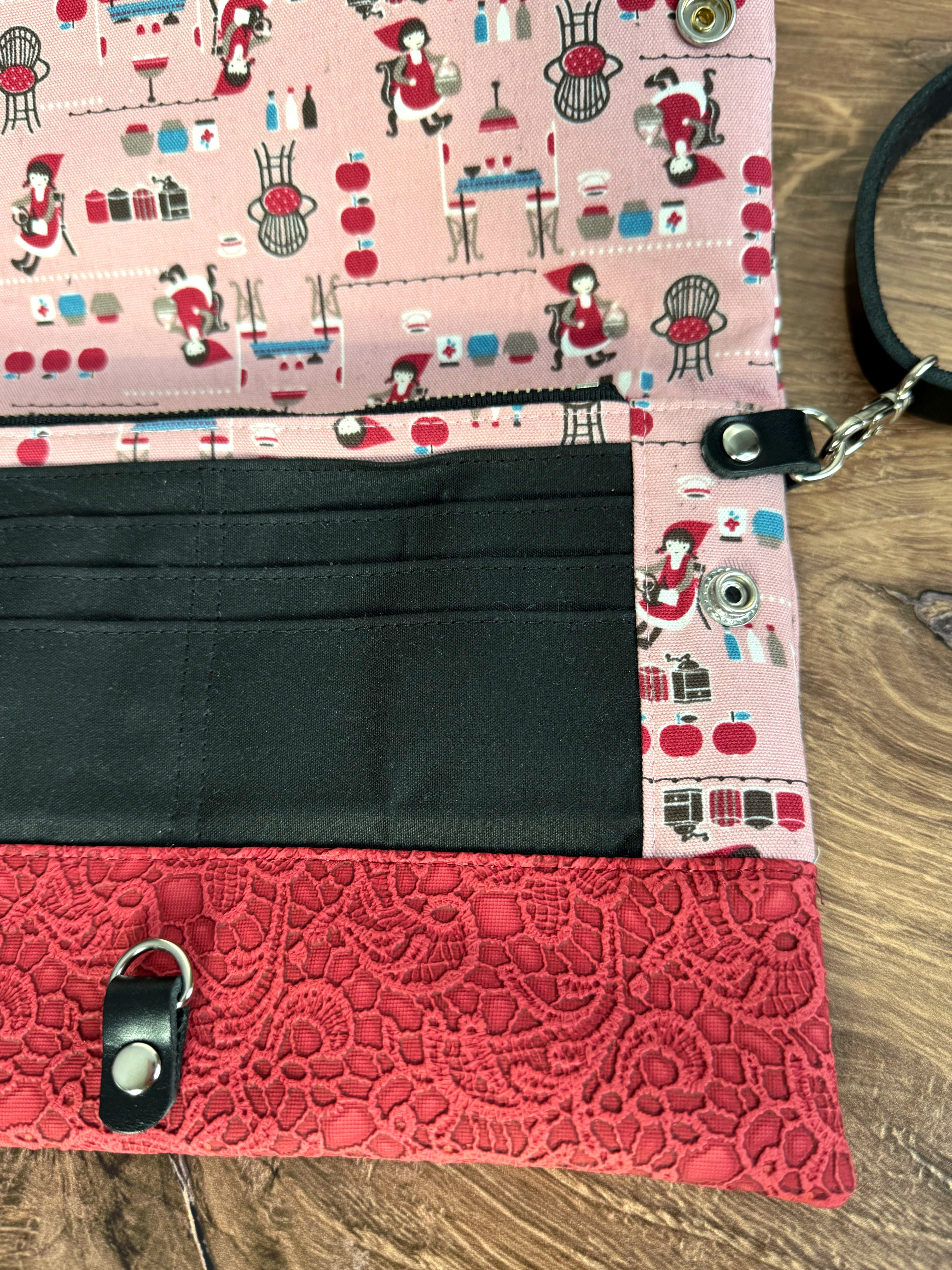 The Cindy - Collectable Clutch Wallet in Red Lace Vinyl and Adorable Baking Lady Canvas