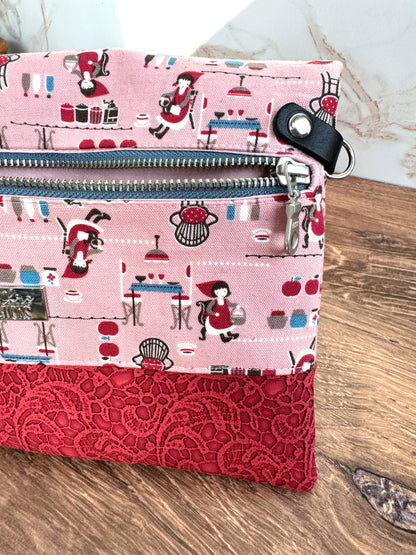 The Cindy - Collectable Clutch Wallet in Red Lace Vinyl and Adorable Baking Lady Canvas