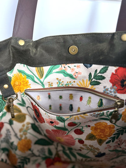 The Jody - Everyday Tote Bag in Green Canvas with Colorful Floral Lining