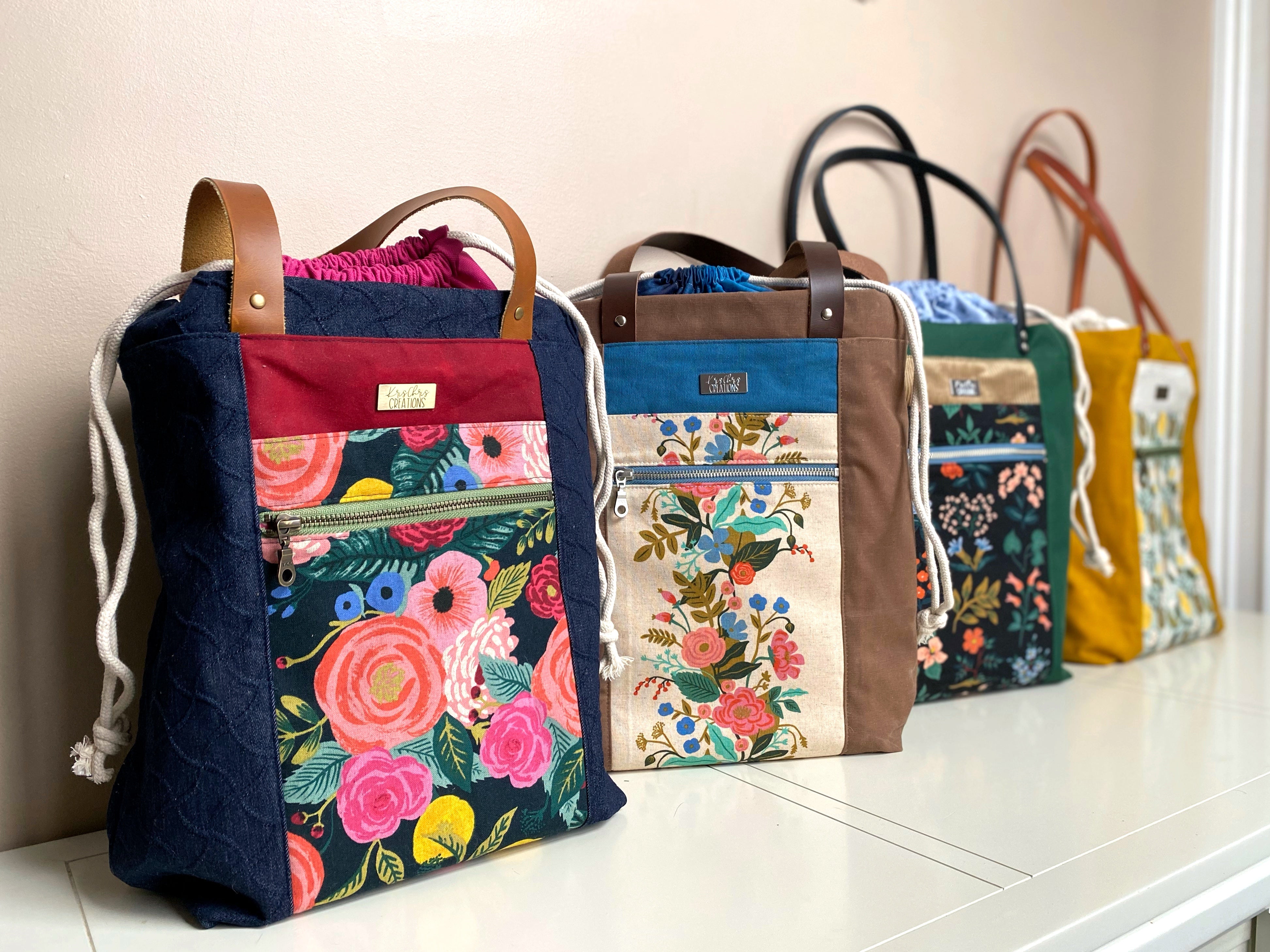 4 Floral Canvas Tote Bags with Leather Handles