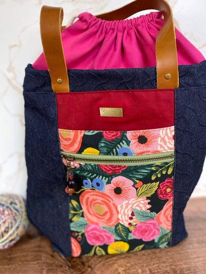 The Kristen - Project Tote Bag in Textured Denim and Bright Pink Floral Canvas - KrisChris 