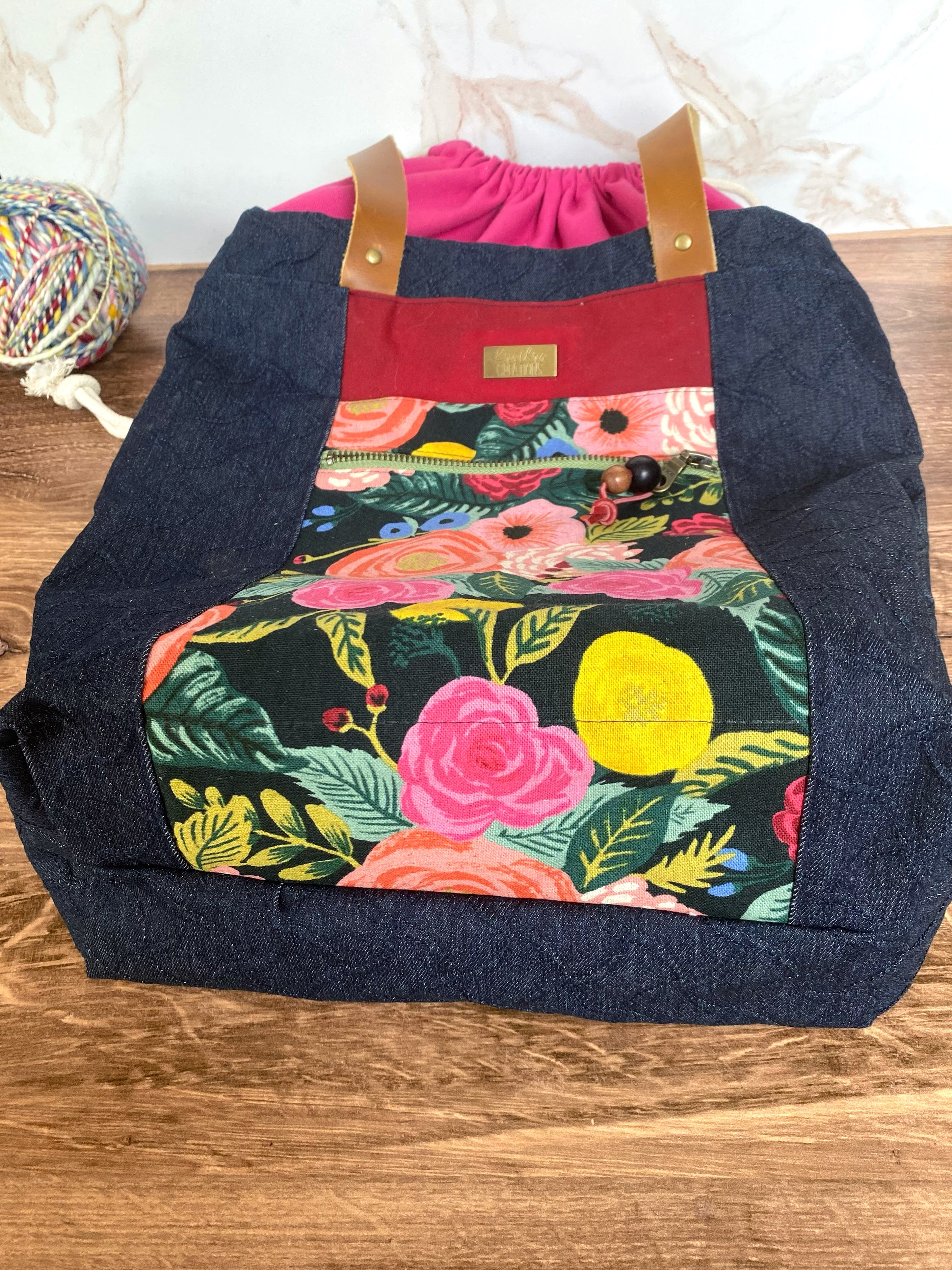 The Kristen - Project Tote Bag in Textured Denim and Bright Pink Floral Canvas - KrisChris 