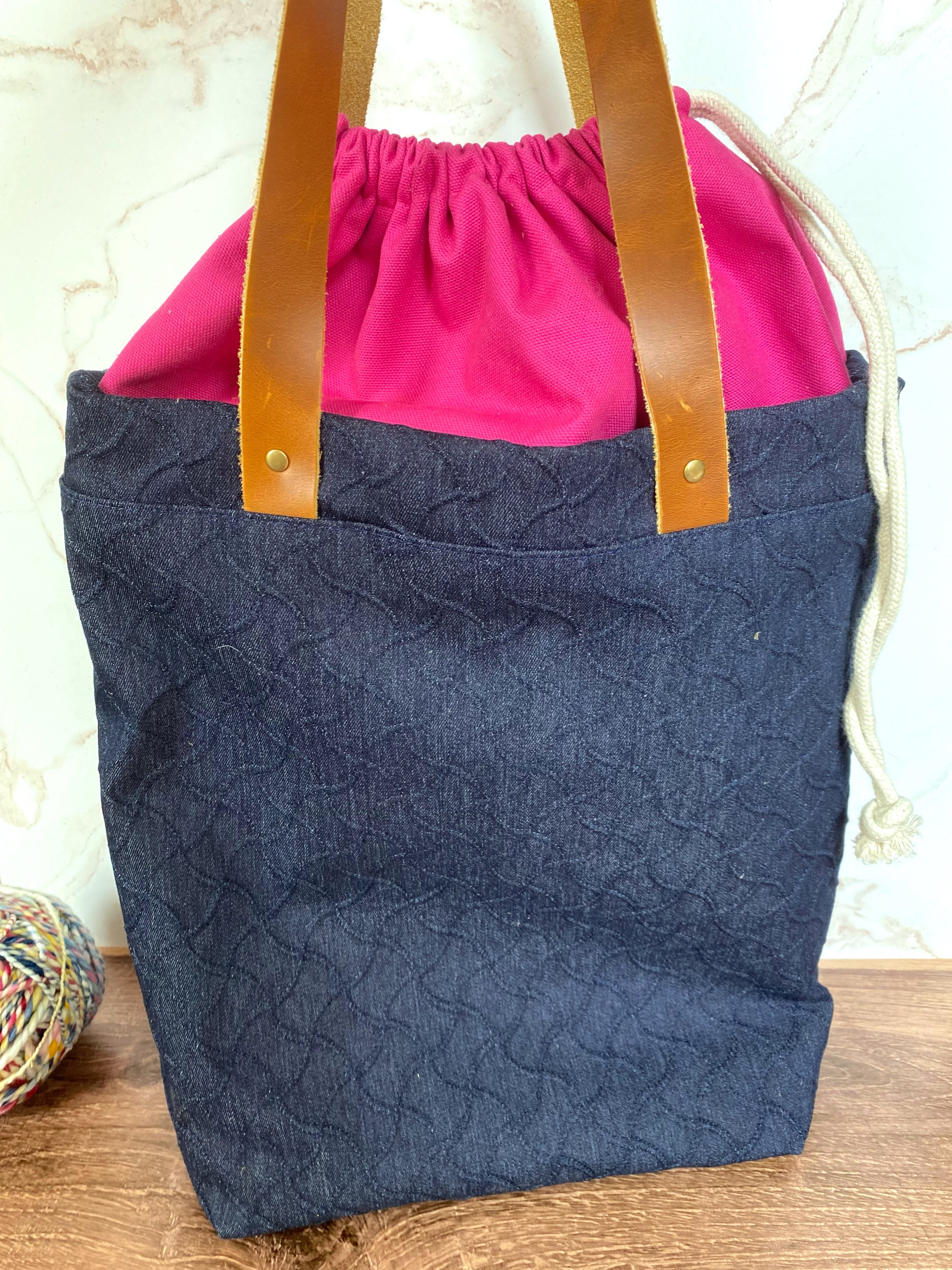 The Kristen - Project Tote Bag in Textured Denim and Bright Pink Floral Canvas - KrisChris 