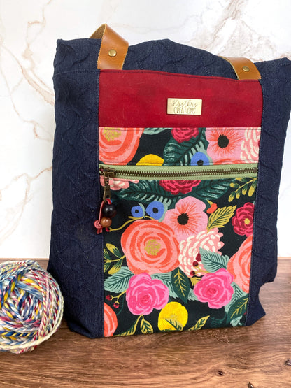 The Kristen - Project Tote Bag in Textured Denim and Bright Pink Floral Canvas - KrisChris 