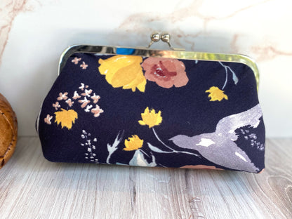 Navy Kisslock Clutch in Nani Iro Japanese cotton fabrics with Silver hardware along top edge