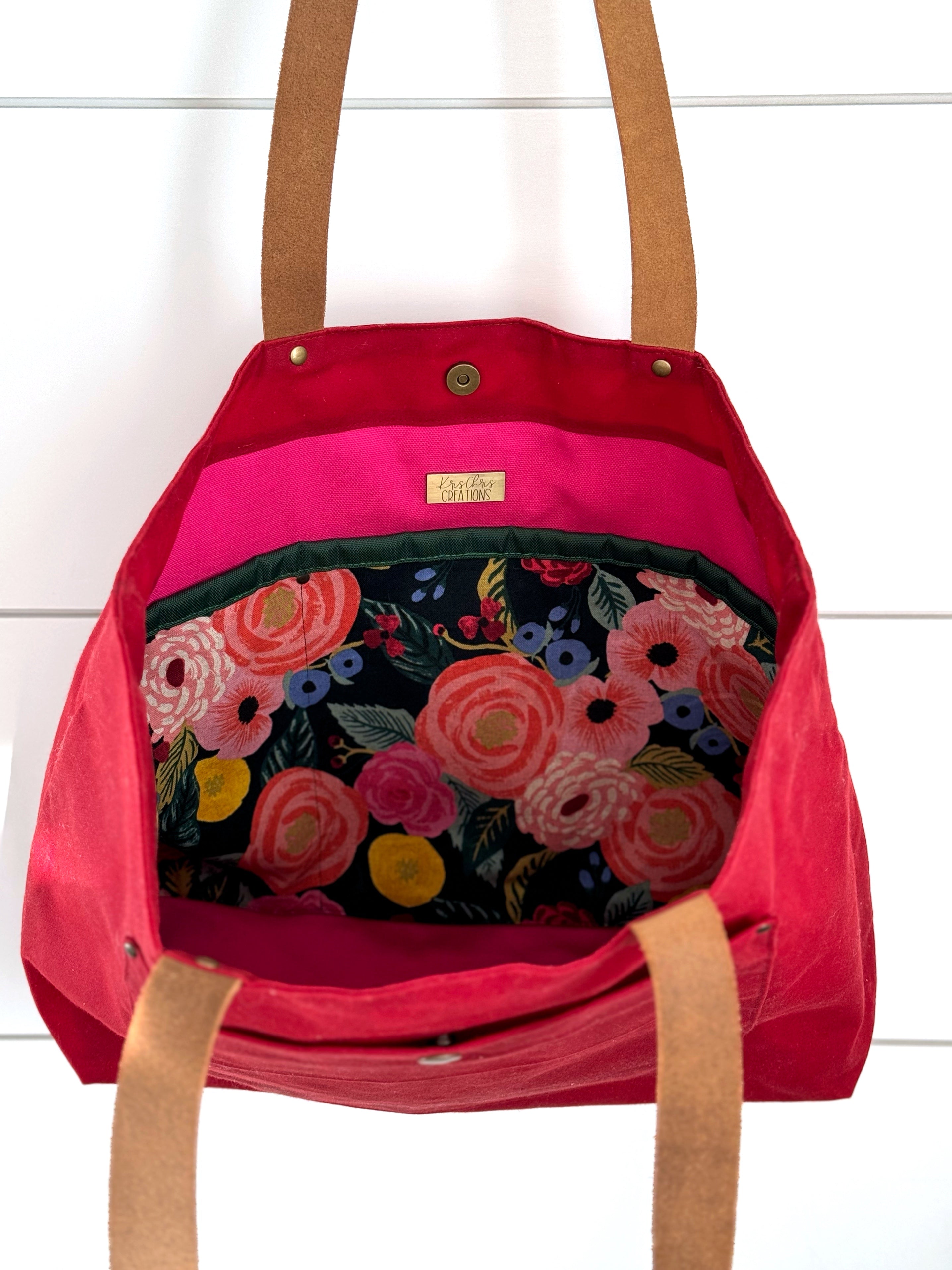 The Jody - Everyday Tote Bag in Red Canvas with Colorful Floral Lining - KrisChris 