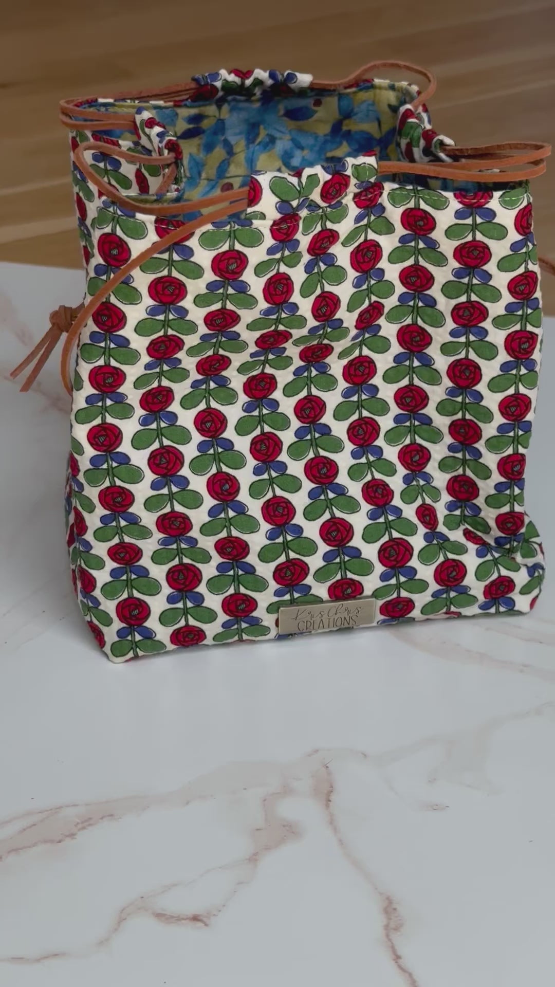 The Pat Pouch - Japanese Drawstring Bag in Floral Seersucker Fabric in White, Red, Green & Blue