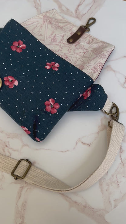 The Jenn - Adjustable Crossbody Belt Bag in Vegan Leather and Navy Dotted Nasturtium Fabric