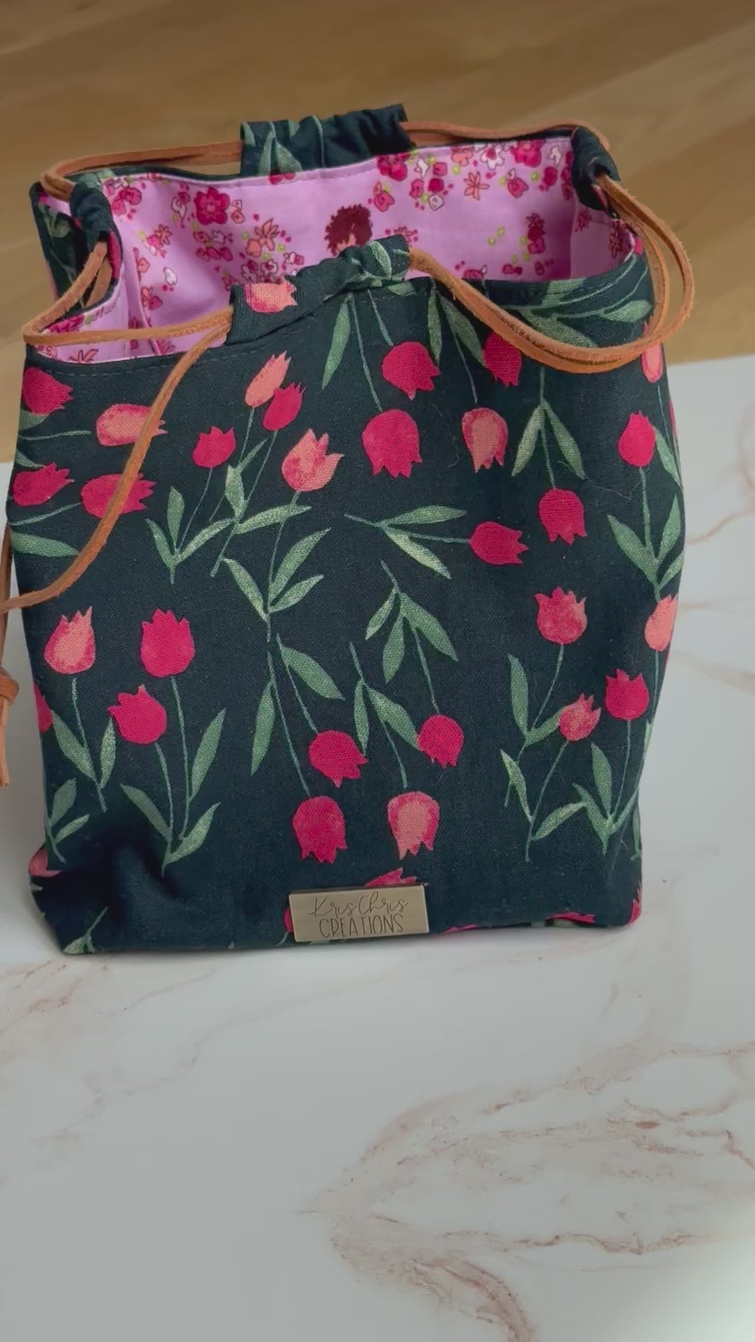 The Pat Pouch - Japanese Drawstring Bag in Navy and Pink Tulip Linen