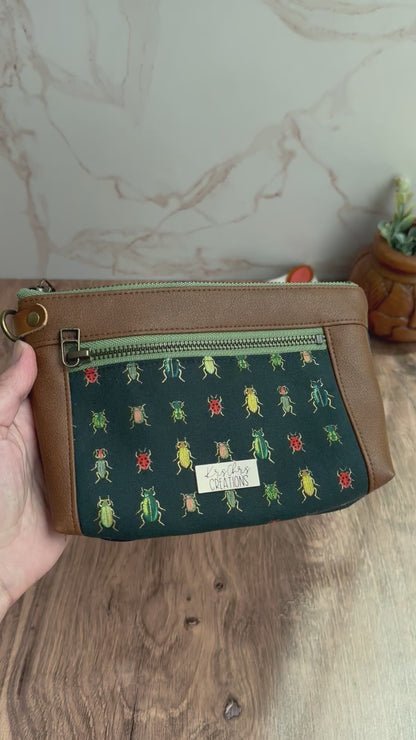 The Erin - Double Zippered Pouch in Tan Vegan Leather and Green Bug Fabric