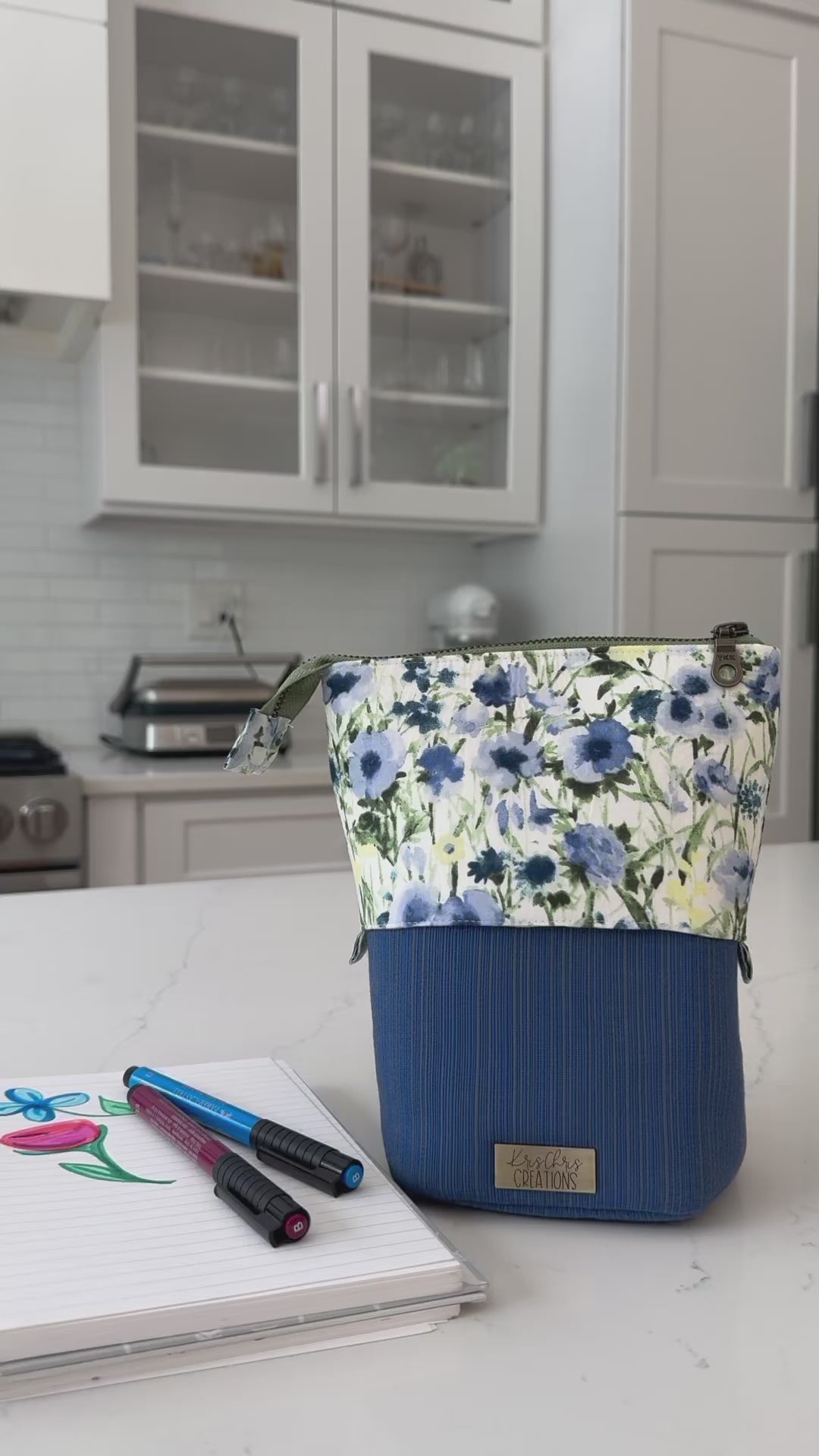 The Kate - Zipper Art Supply Pouch in Blue and Green Florals