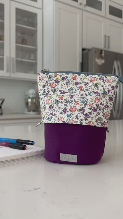 The Kate - Zipper Art Supply Pouch in Purple and White Florals