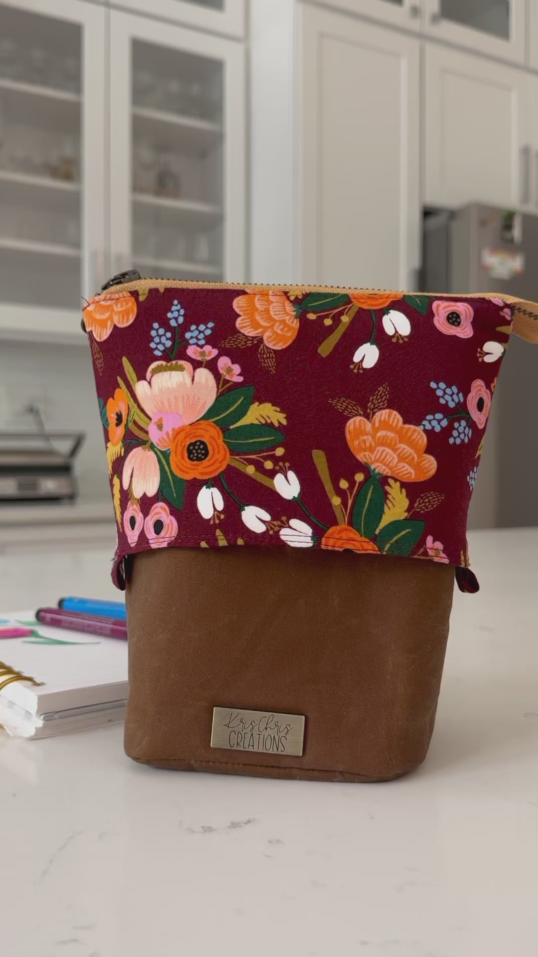 The Kate - Zipper Art Supply Pouch in Dark Warm Florals and Brown Waxed Canvas